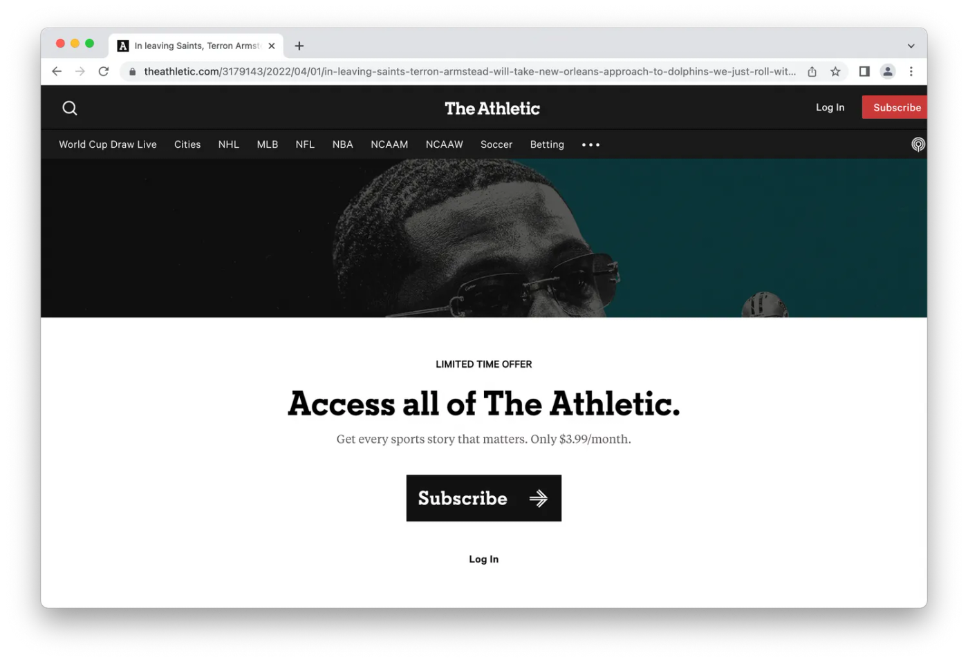 Blocked access/subscription pop up in story on The Athletic