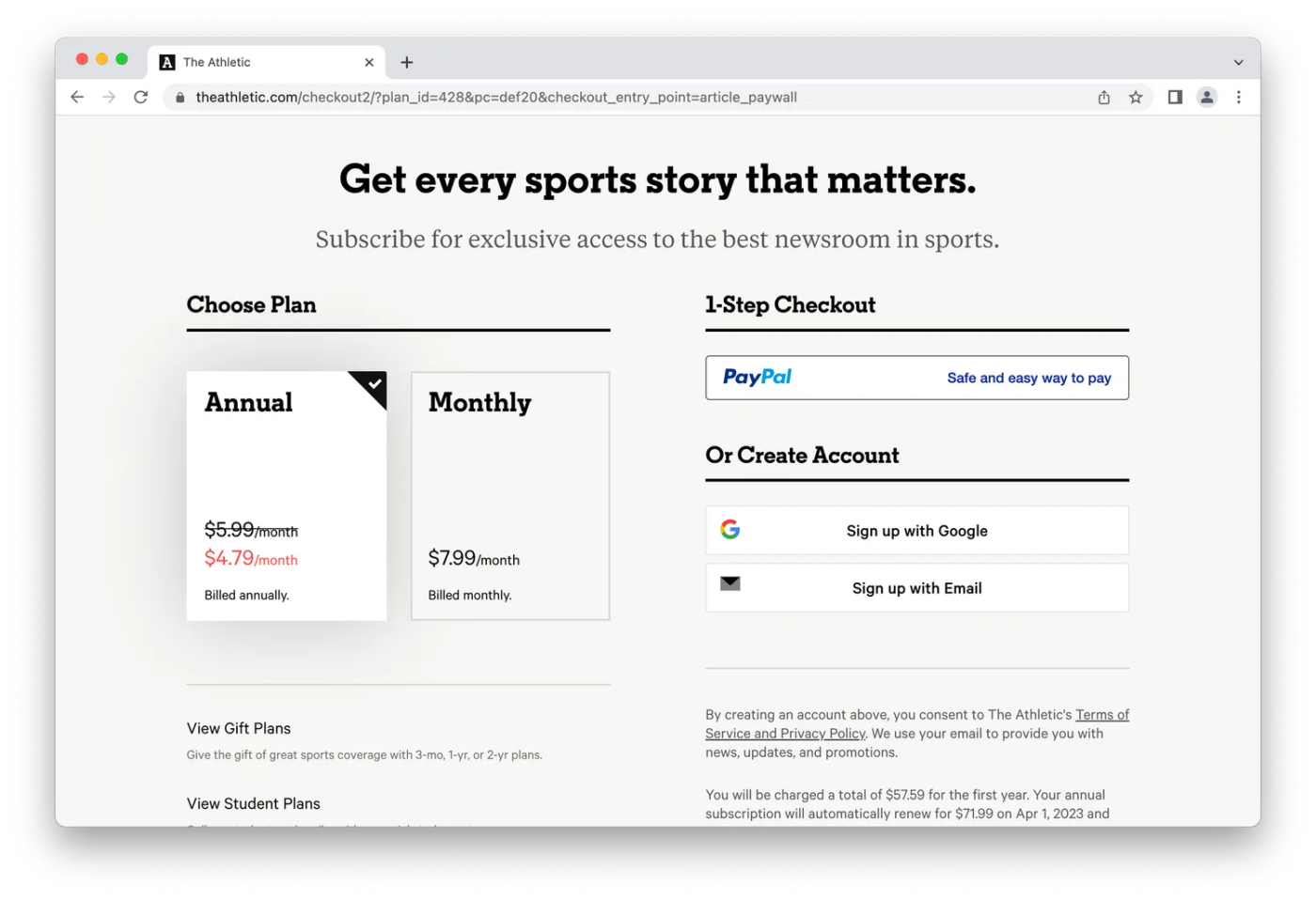 The Athletic payment options listed on white background