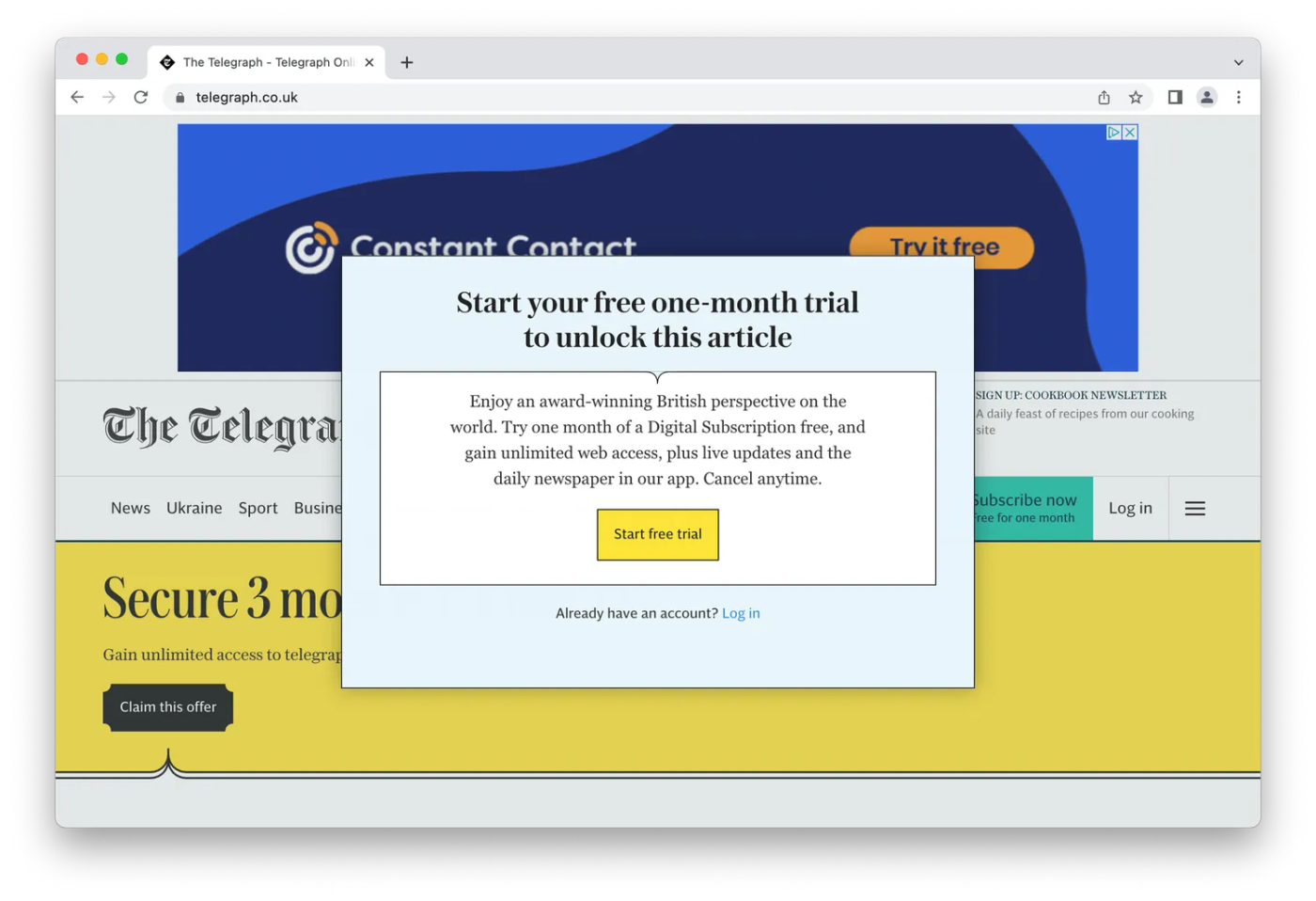 Pop up subscription request on The Telegraph's website