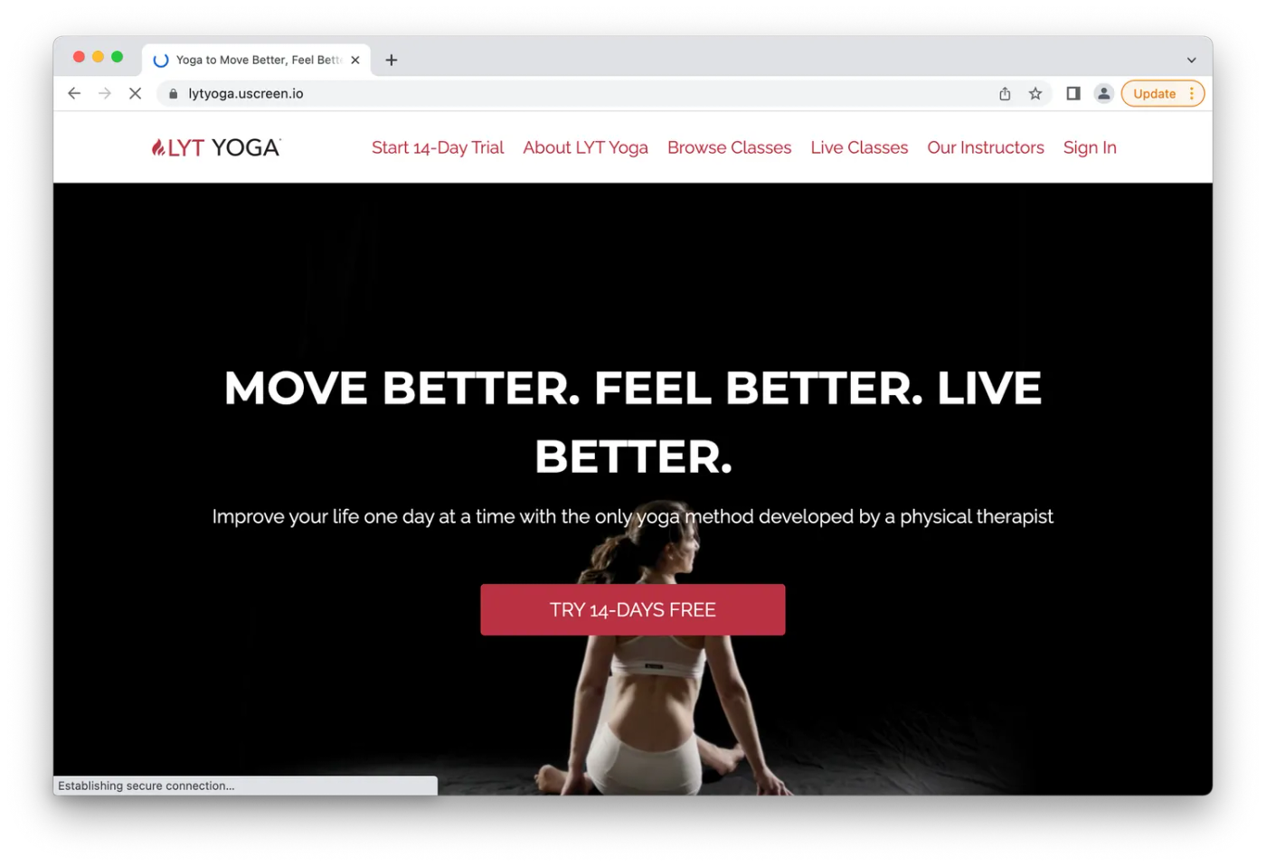 LYT Yoga's home page, woman sitting crosslegged