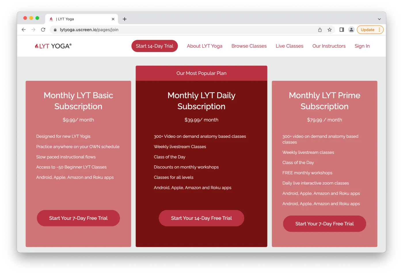 LYT Yoga's pricing plans