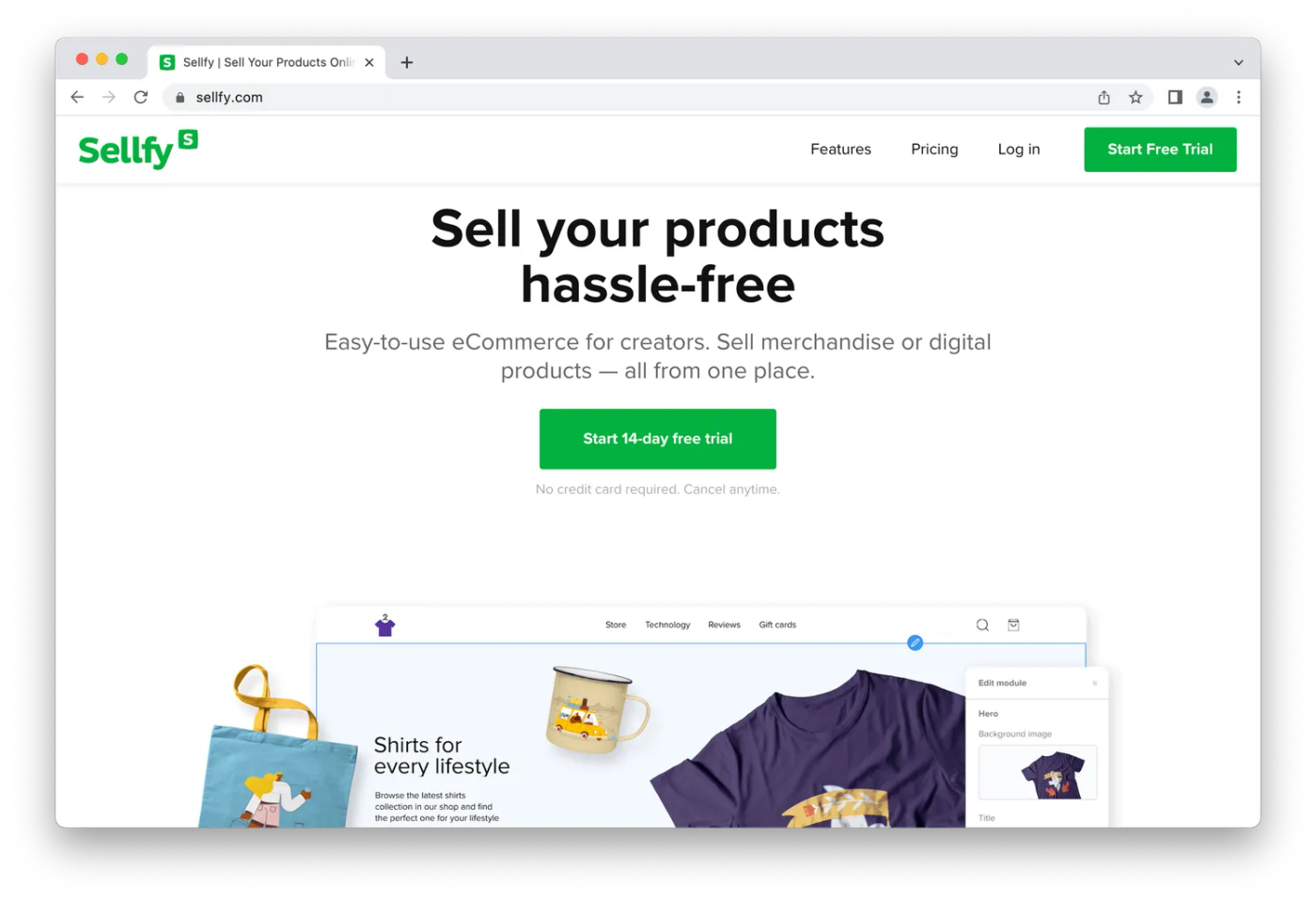 screenshot of sellfy homepage