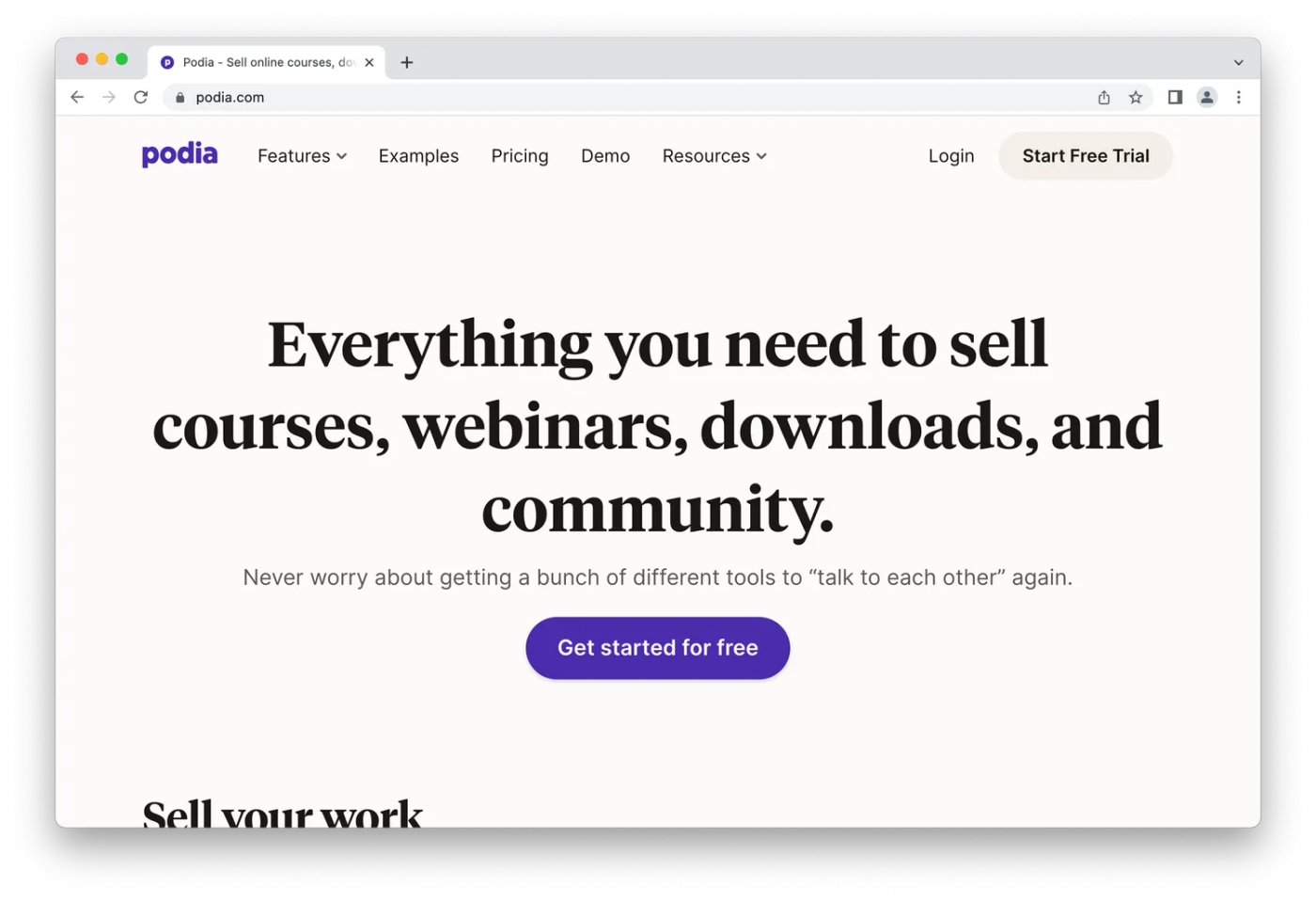 screenshot of podia homepage