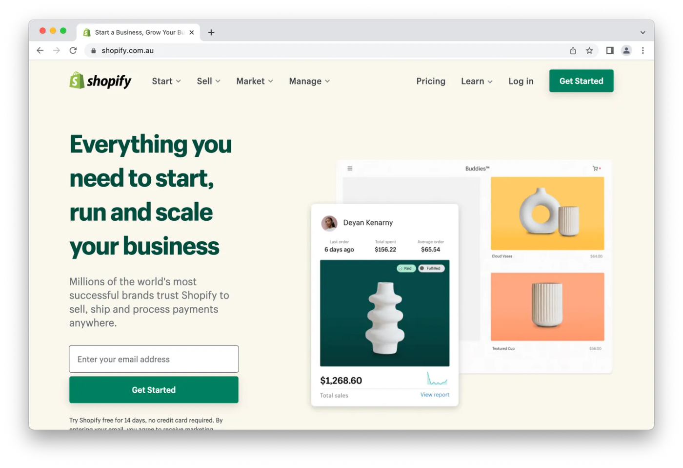 screenshot of shopify homepage
