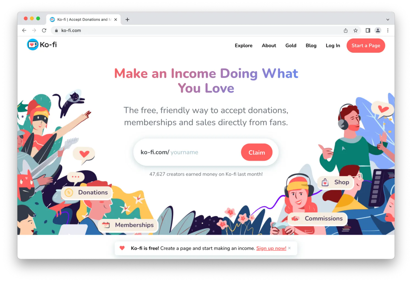 screenshot of ko-fi website, cartoon people on white background