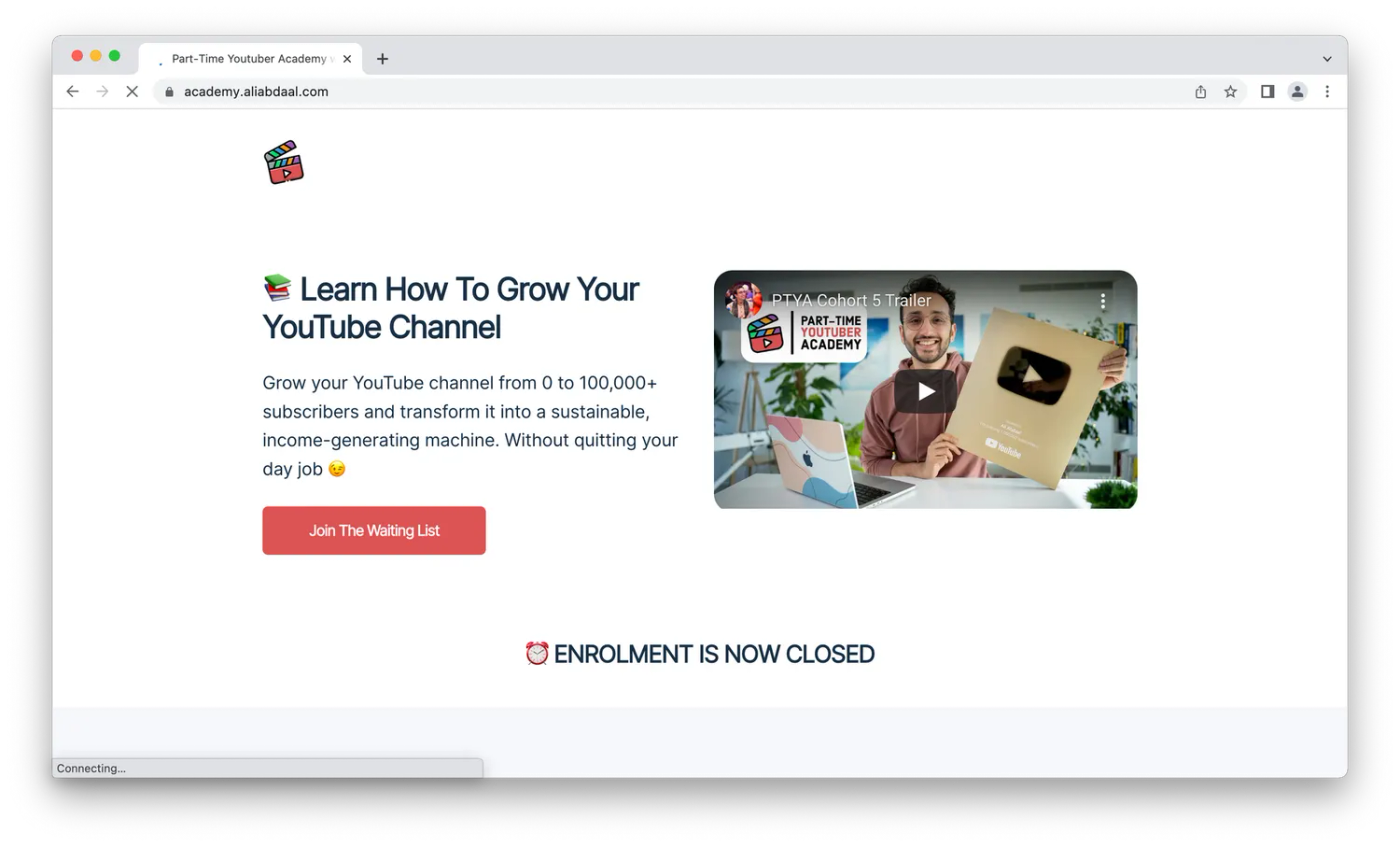 screenshot of Ali Abdaal's Part-time YouTuber academy webpage