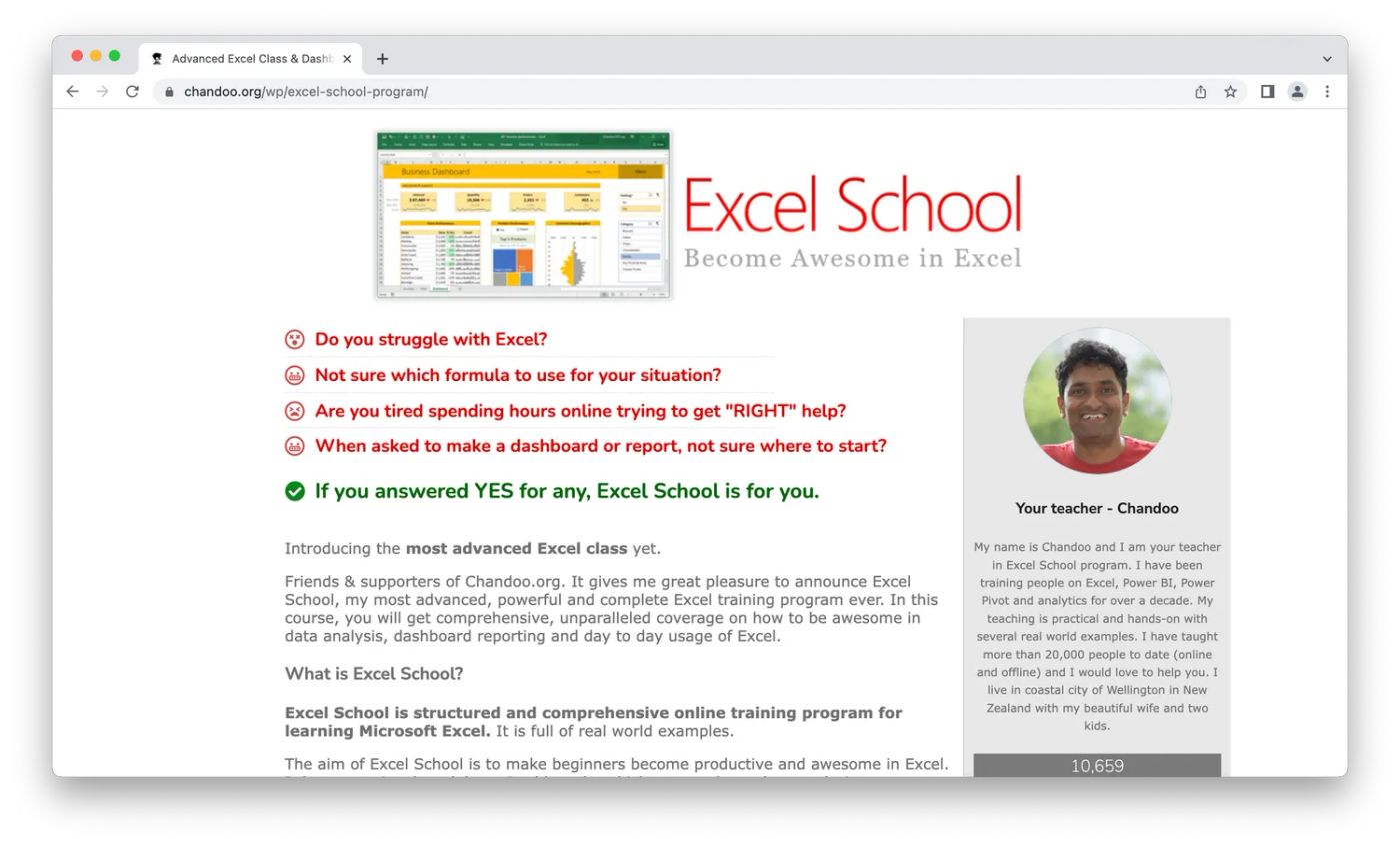 screenshot of Chandoo's Excel School webpage 
