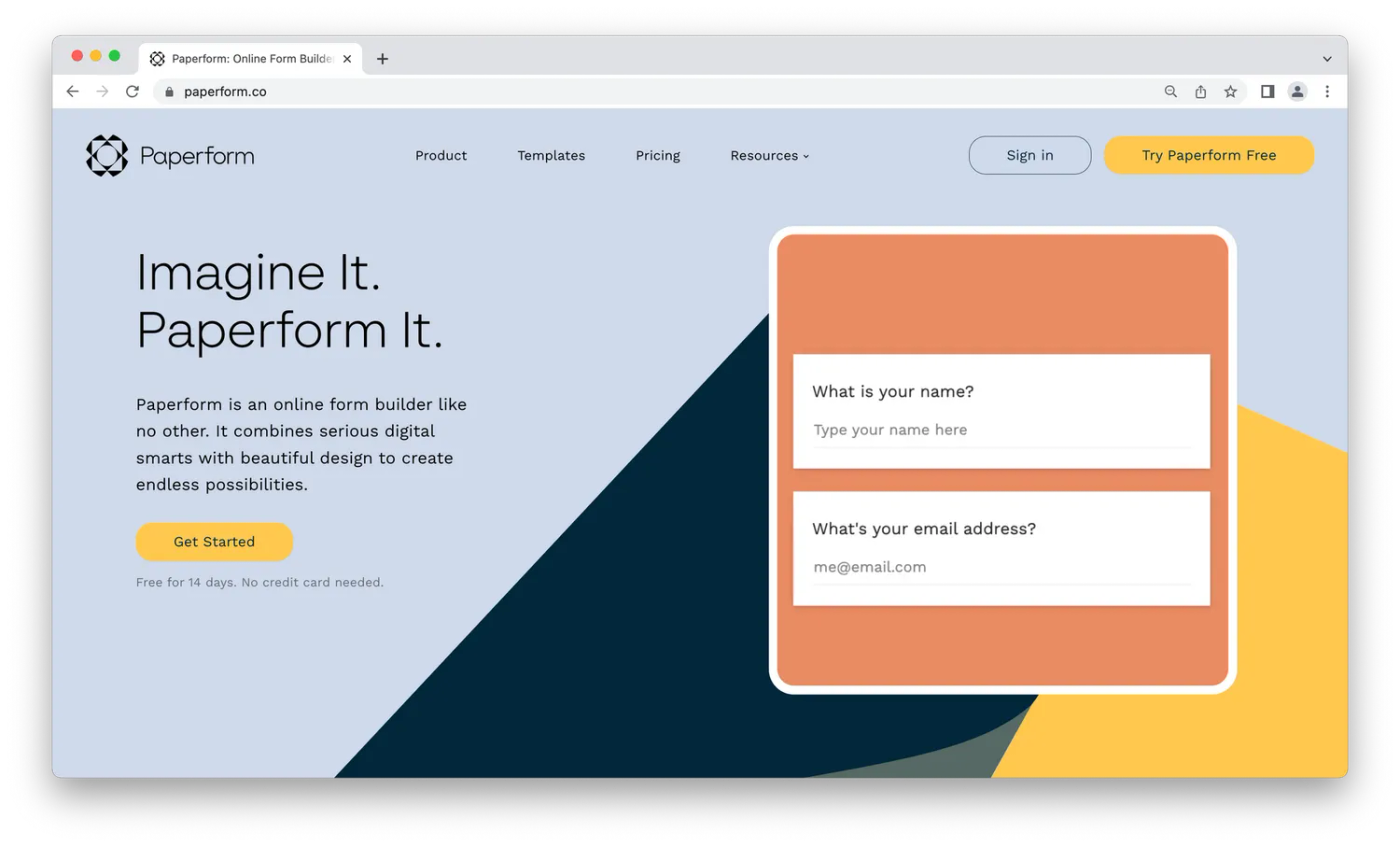 Paperform's homepage, geometric patterns with sample form