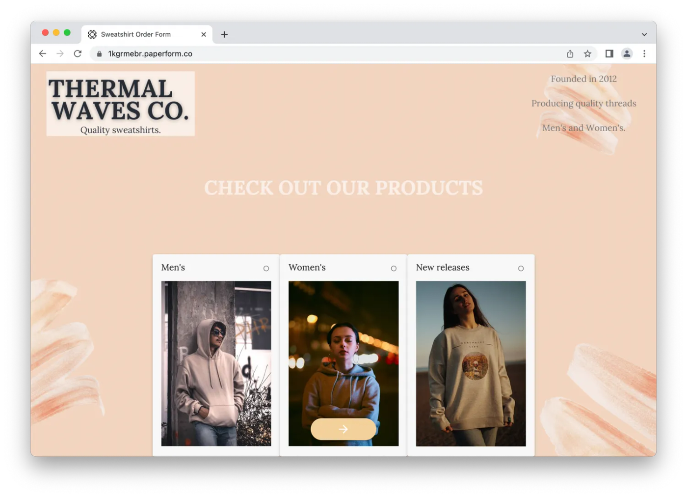 Clothing website template on Paperform, three models in hoodies