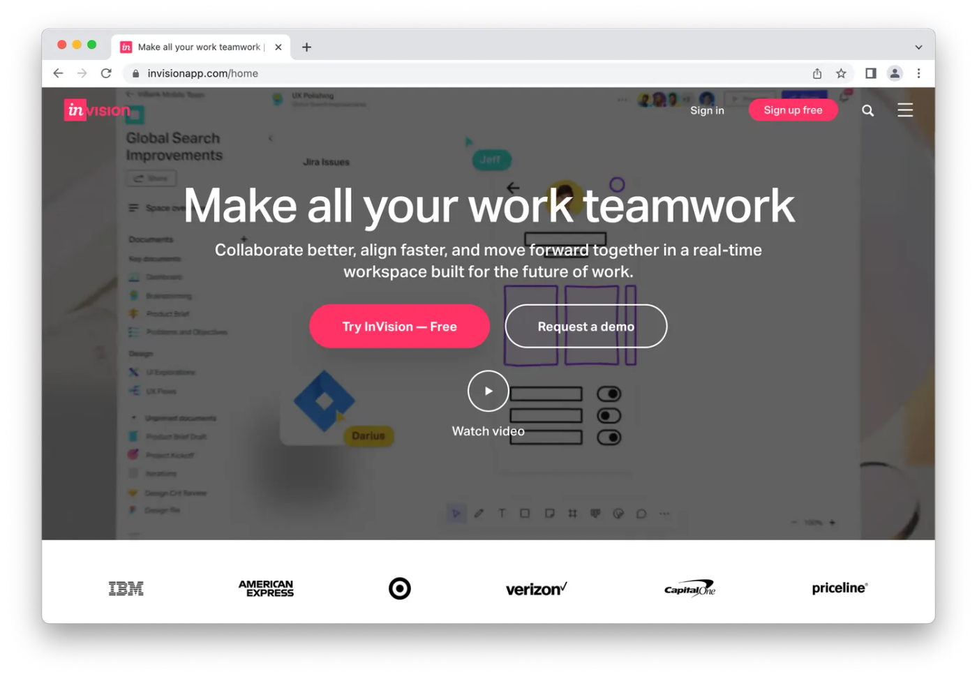 Invision homepage, pink text on grey background