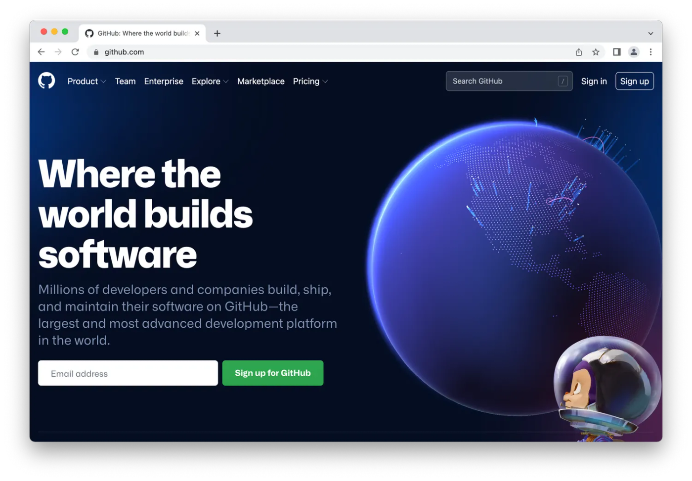 Github homepage, cartoon astronaut in space