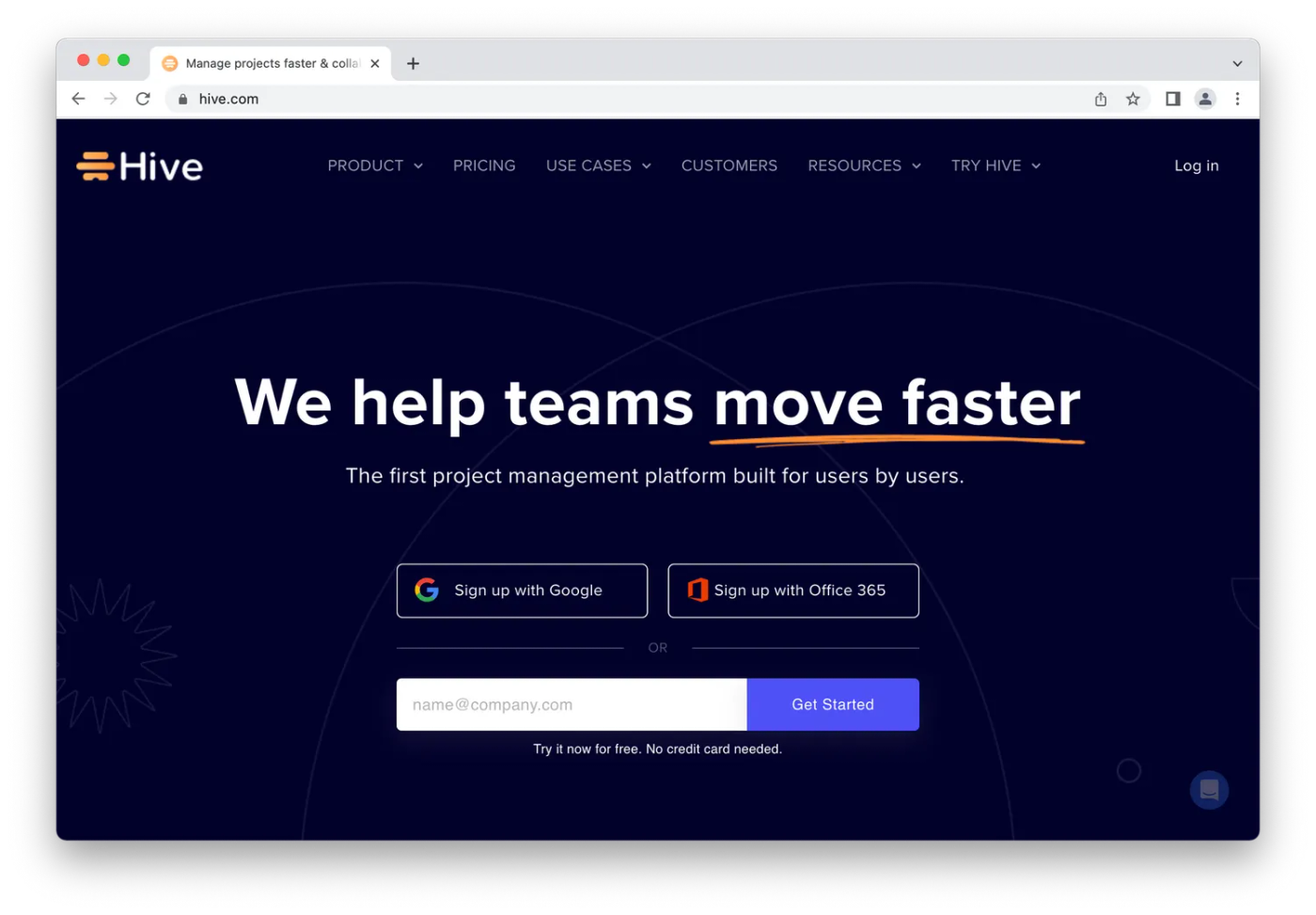 Hive homepage, white text on navy background