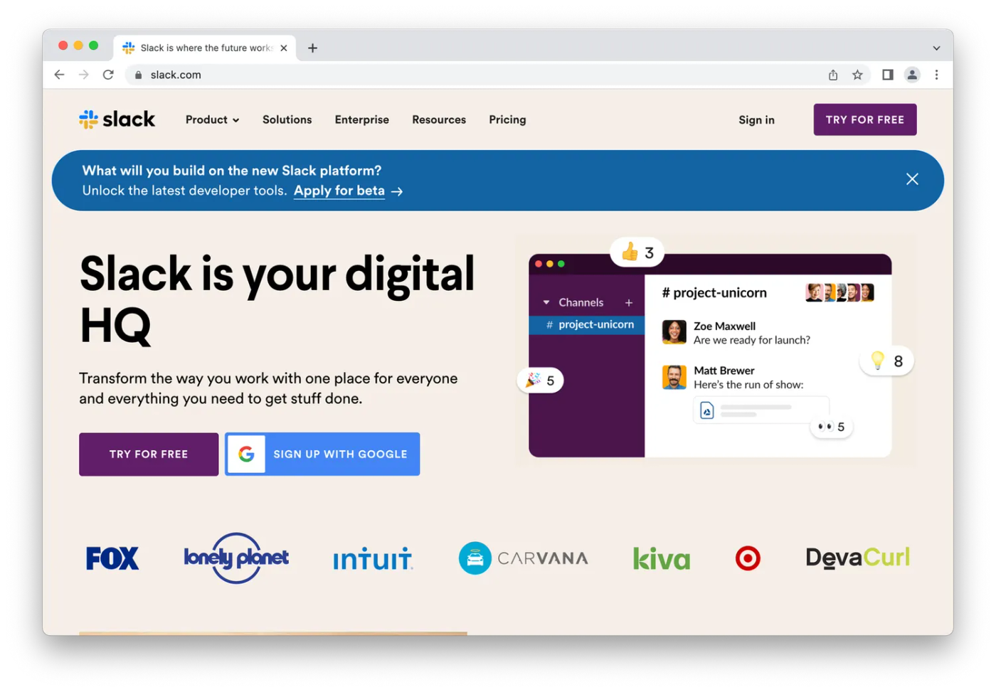 Slack homepage, chat box on peach background