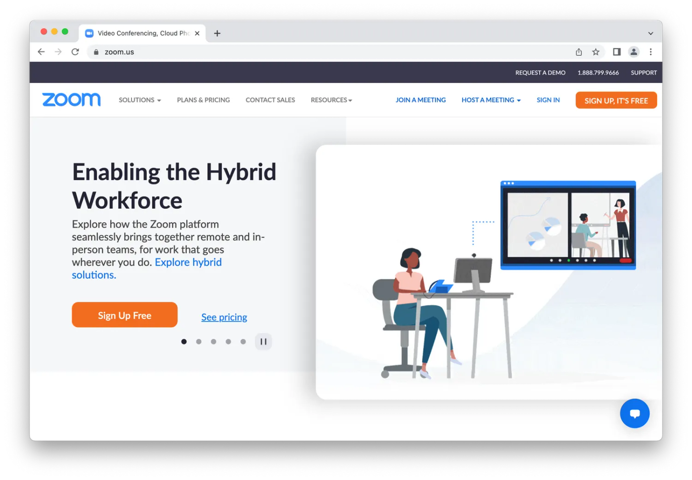 Zoom homepage, cartoon woman working