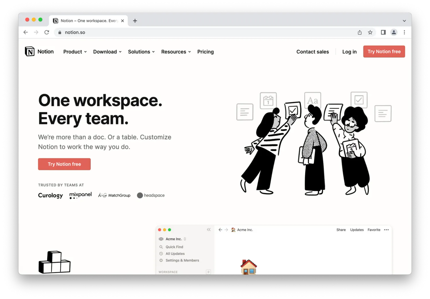 Notion homepage, cartoon people working