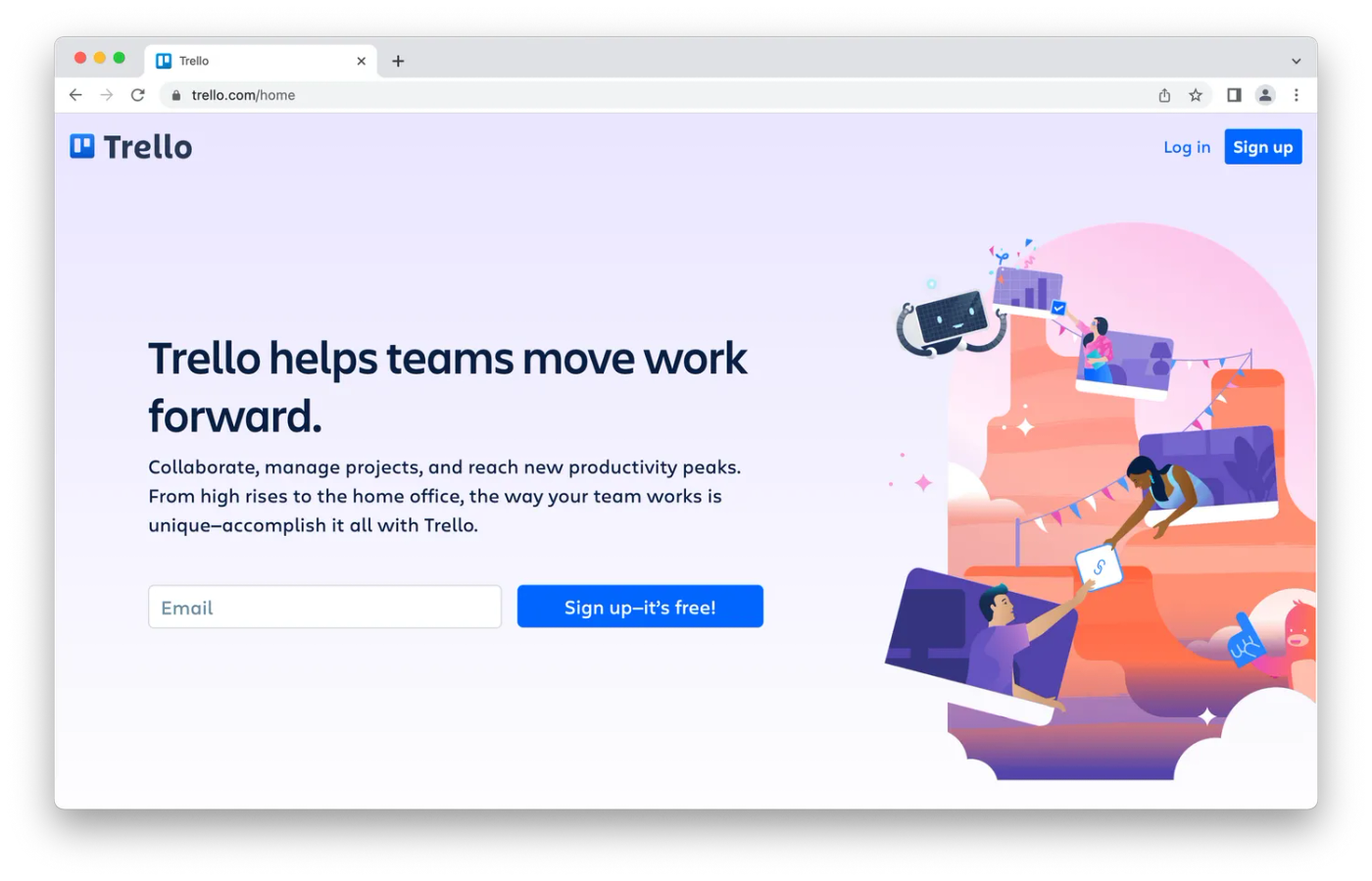 screenshot of the trello website, cartoon computers on purple background