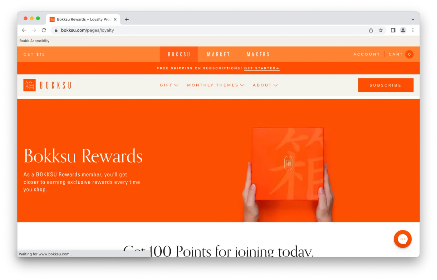 Bokksu rewards page, hands holding box on orange background