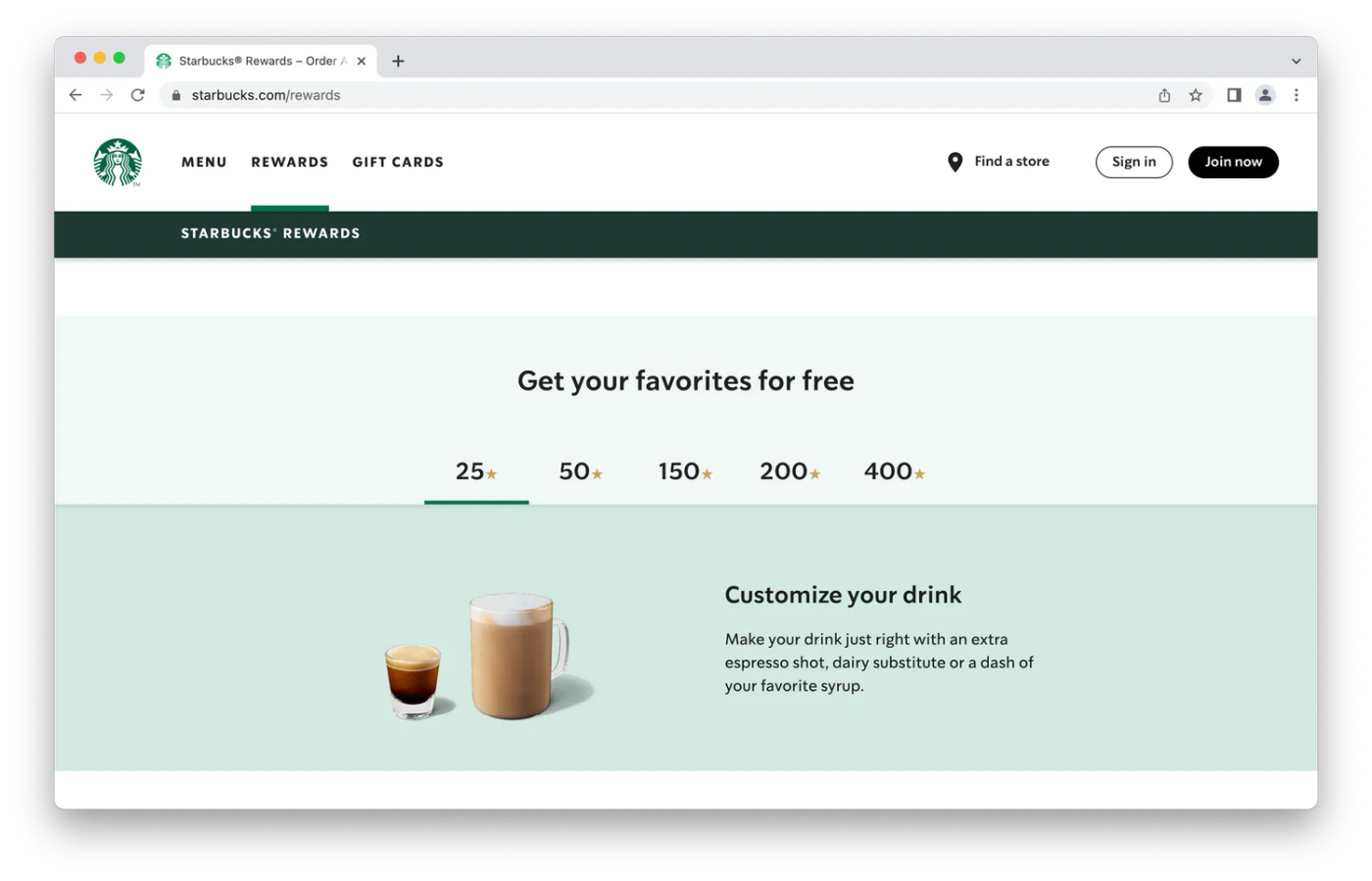 Starbucks rewards page, coffee drinks on green background