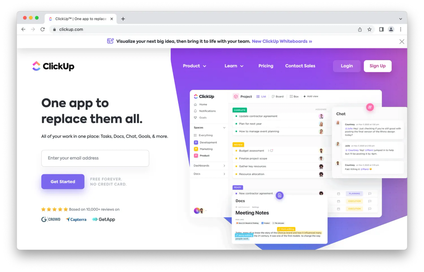 screenshot of clickup website, purple background with white screenshots
