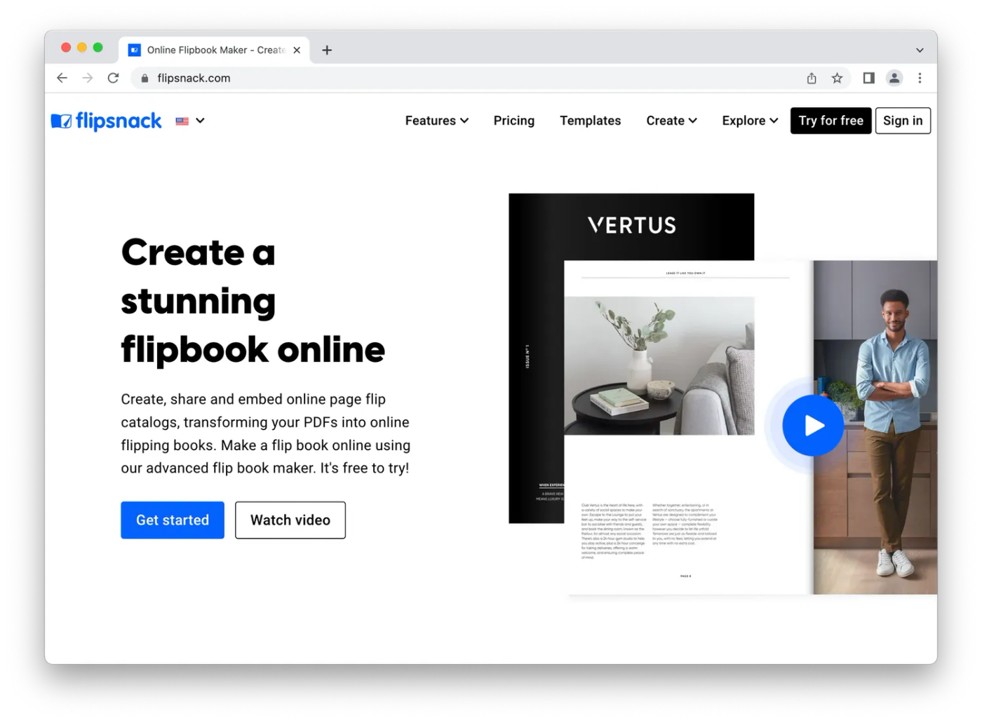 flipsnack homepage screenshot, man standing by counter