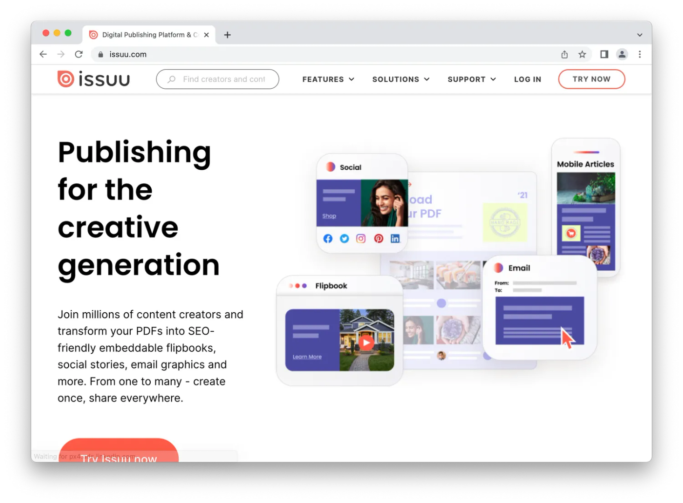 Issuu homepage, screenshots of webpages on white and orange background