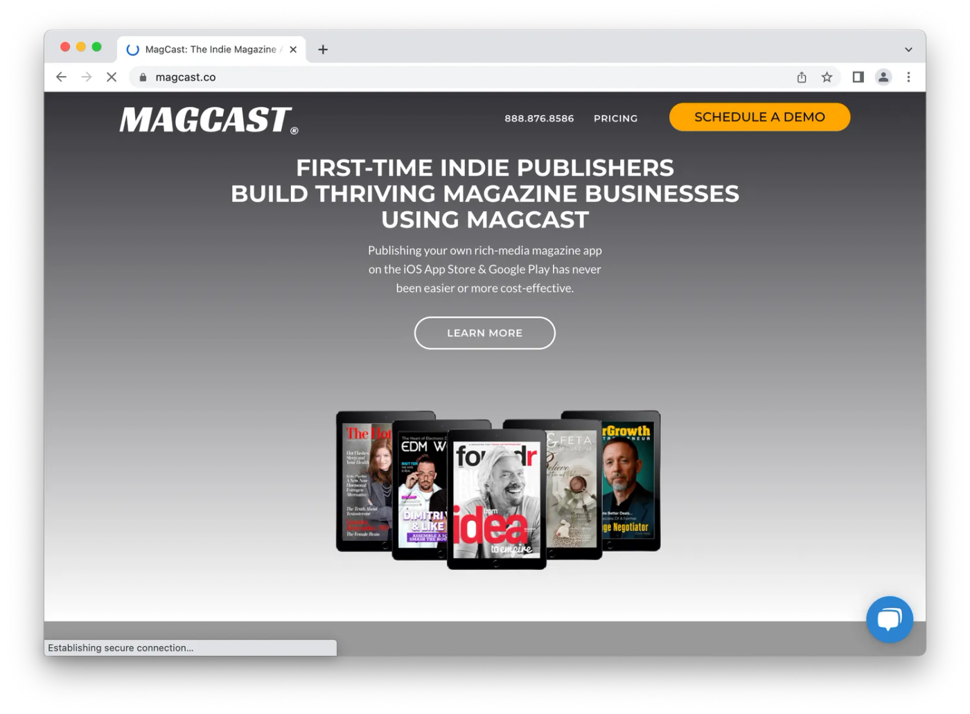 Magcast homepage screenshot, magazines on grey background