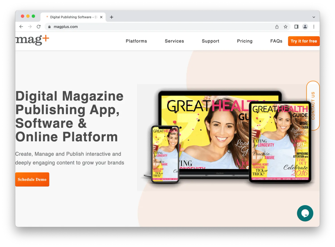 mag+ homepage screenshot, yellow magazine on three devices