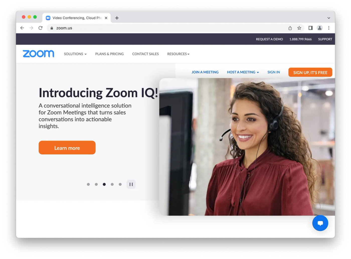 screenshot of zoom homepage, woman on video call 