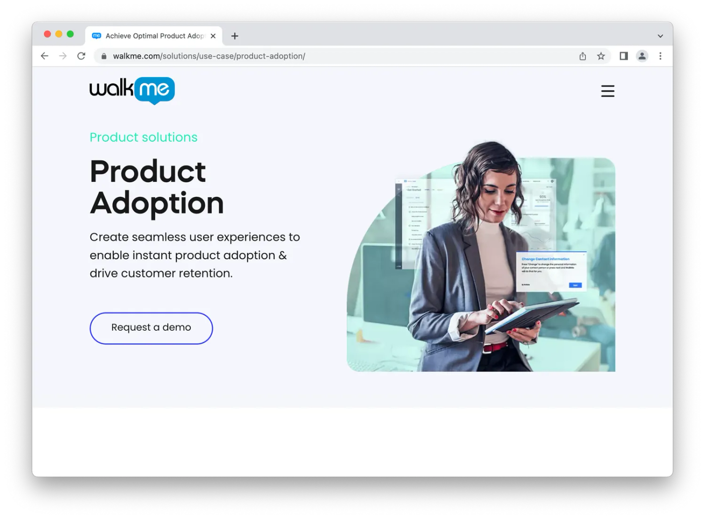 screenshot of walkme homepage, woman on ipad