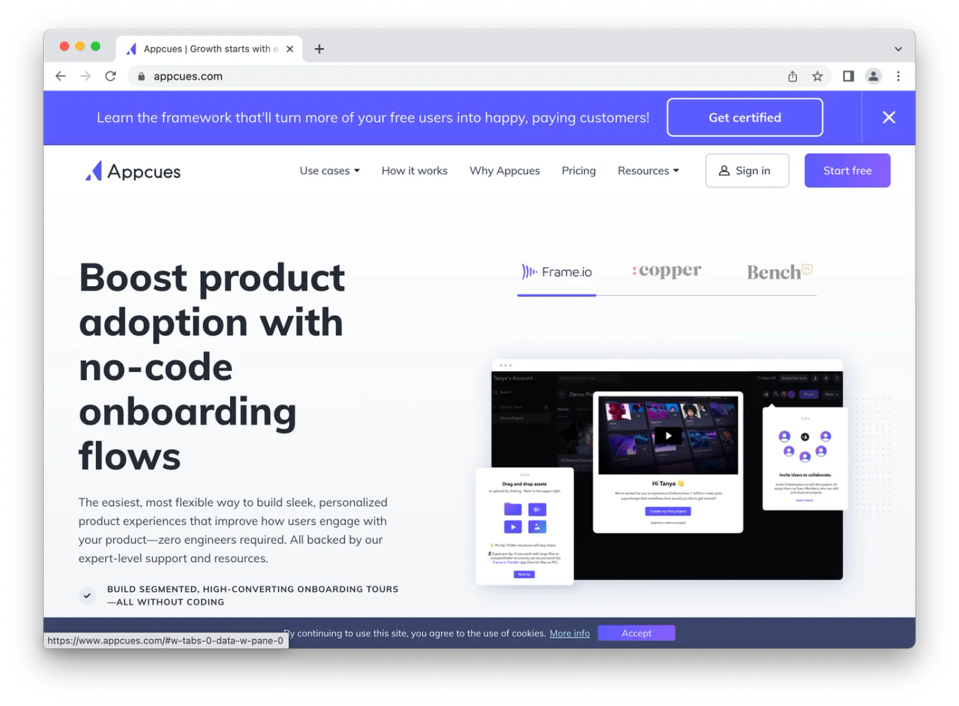 Screenshot of Appcues homepage, white and purple color scheme