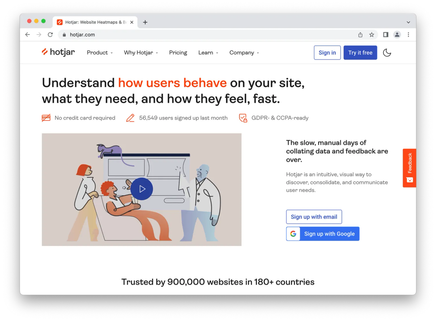 Screenshot of hotjar homepage, cartoon people on white and orange background