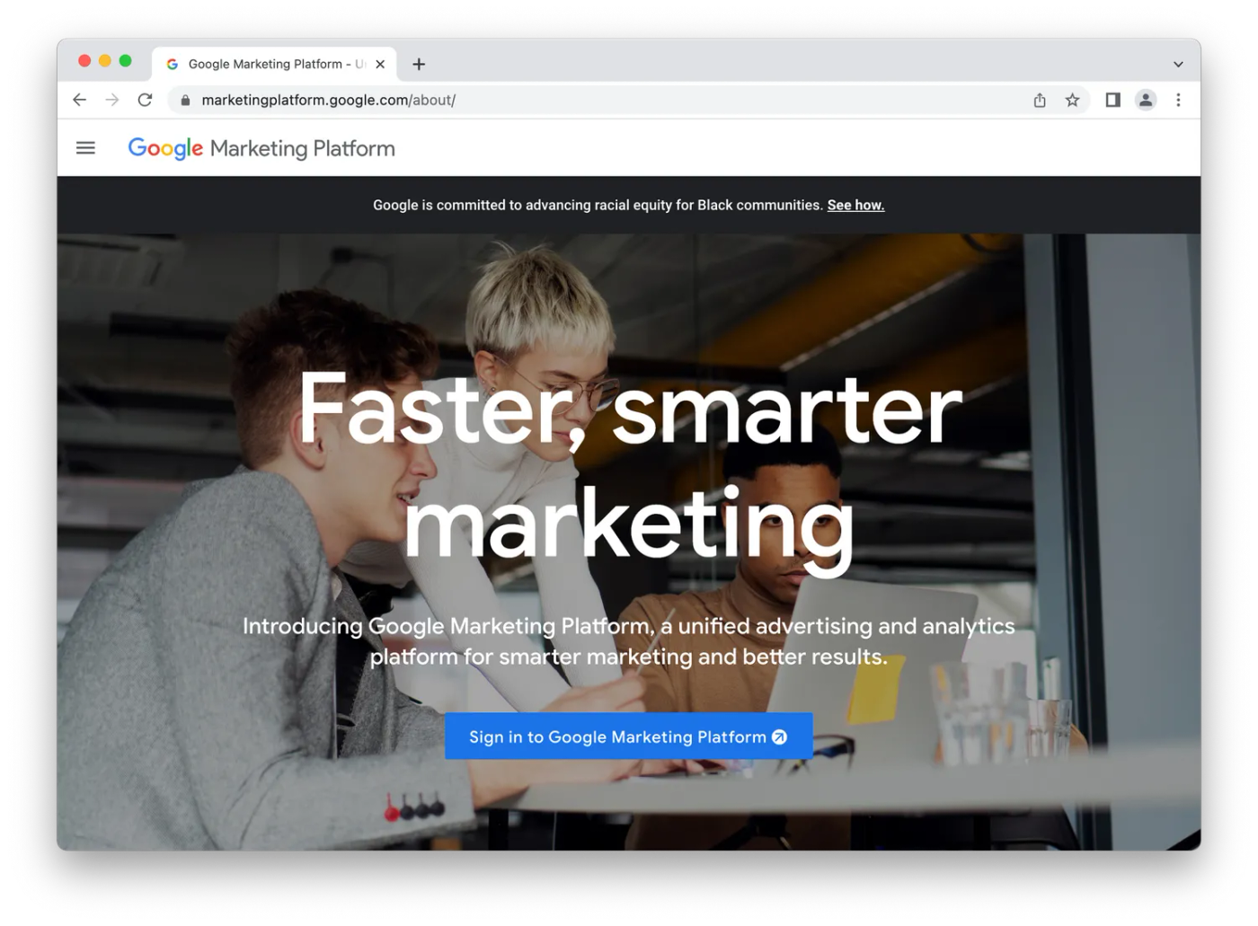screenshot of google marketing page, three young people working at computer