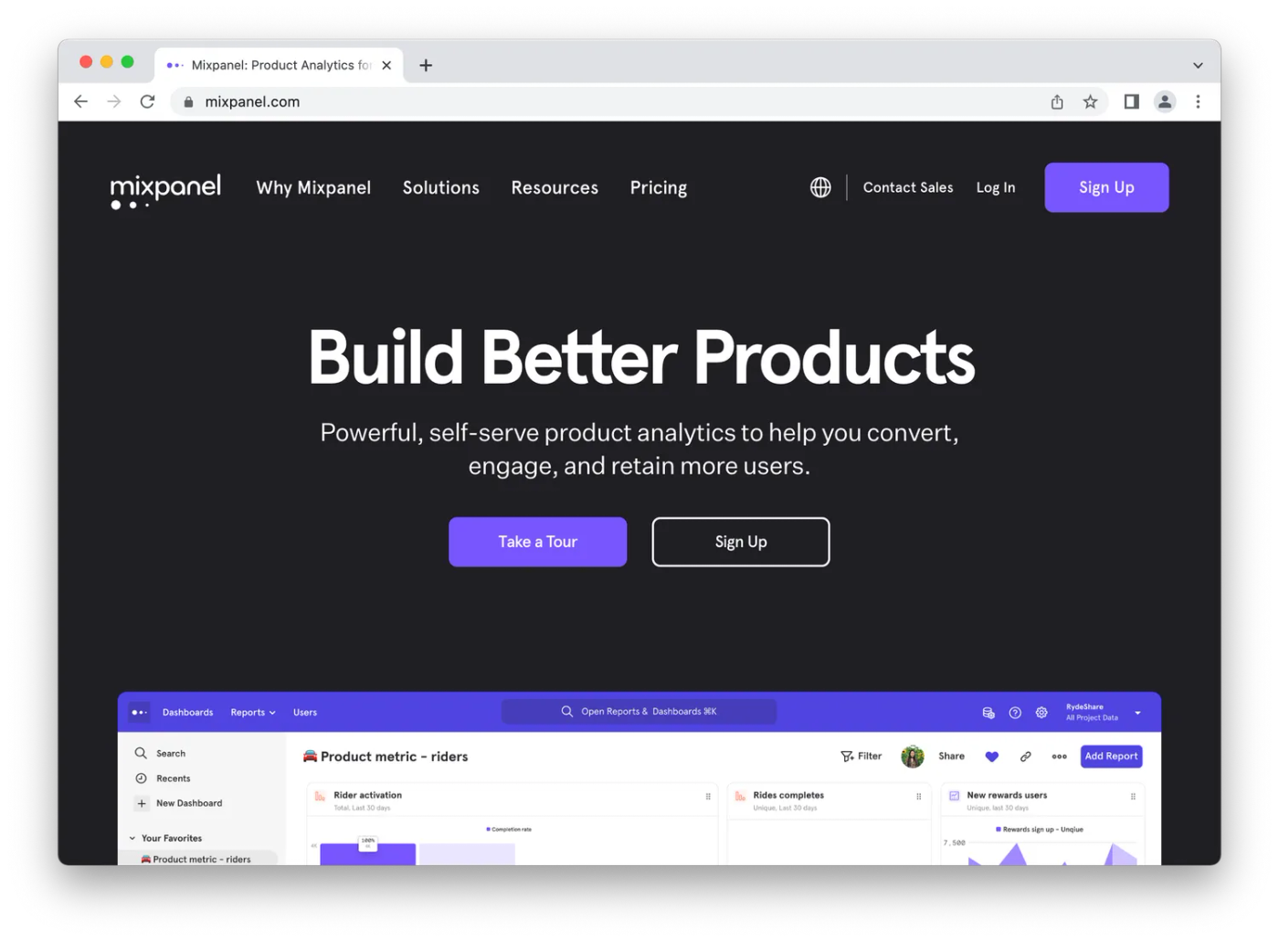 screenshot of mixpanel homepage, white and purple text on black background