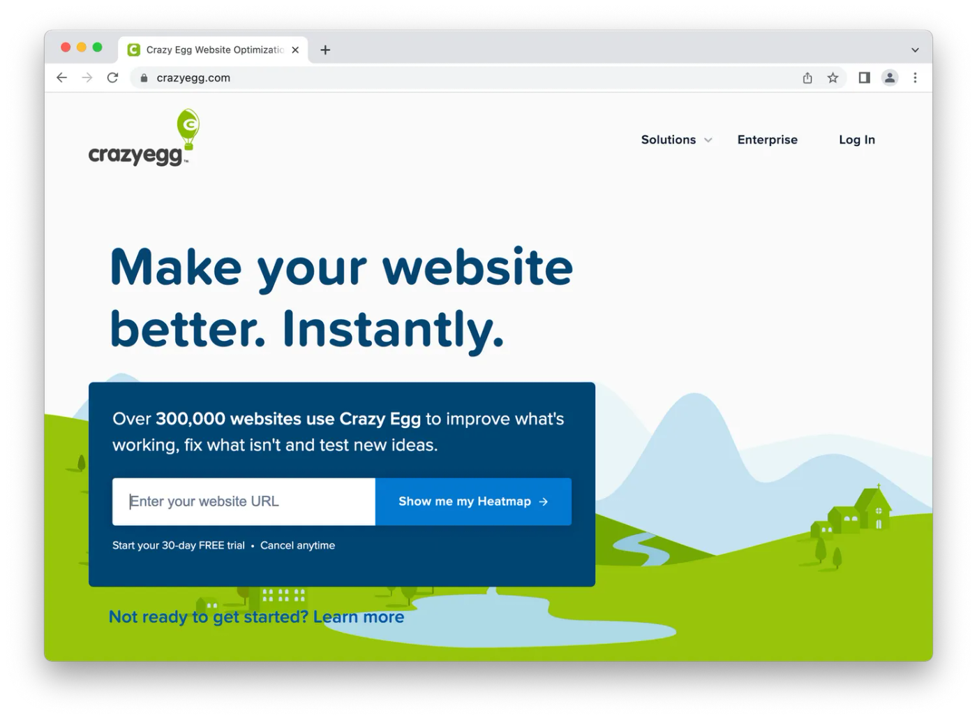 screenshot of crazyegg homepage, cartoon meadow