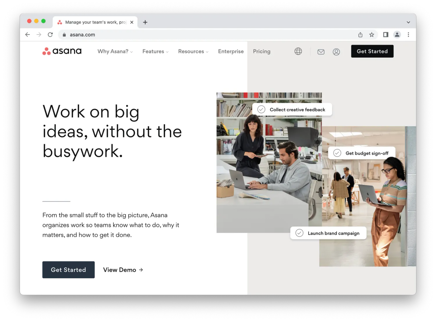 Asana homepage, people working in an office