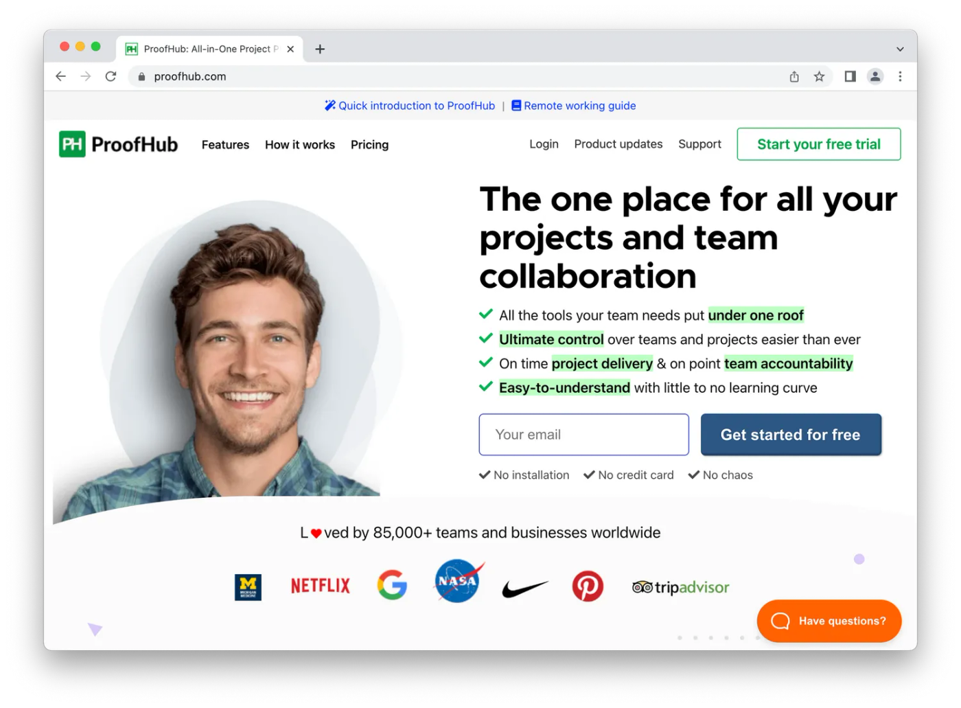 Proofhub homepage, man smiling on white background