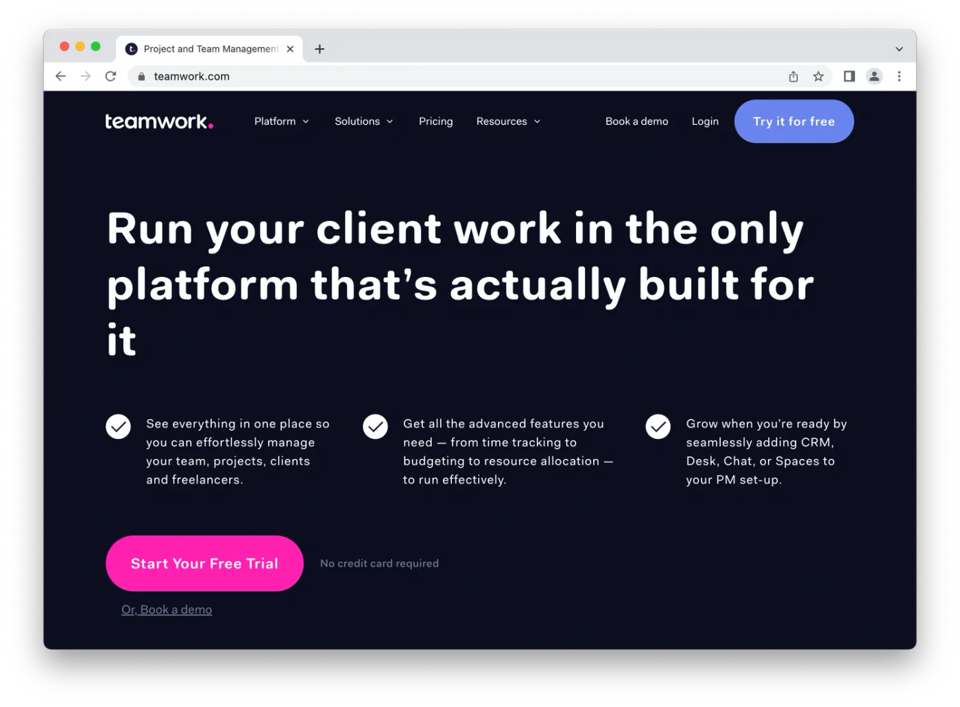 Teamwork homepage, white and pink on black background
