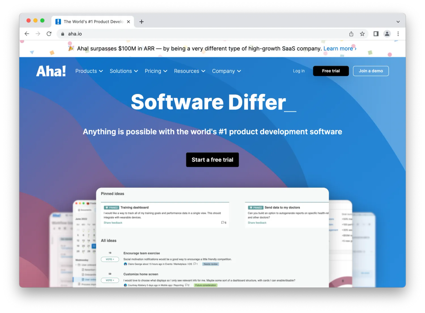 screenshot of aha! homepage, white webpages on blue background