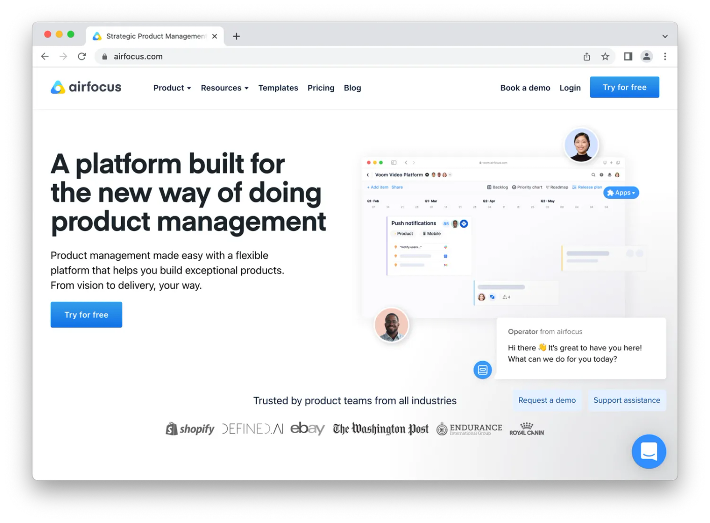 screenshot of airfocus homepage, blue and white website icons