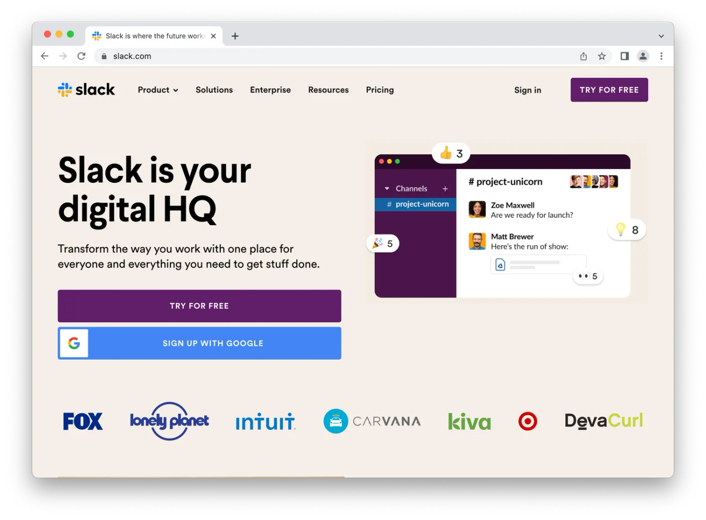 screenshot of slack homepage, purple slack chat on peach background