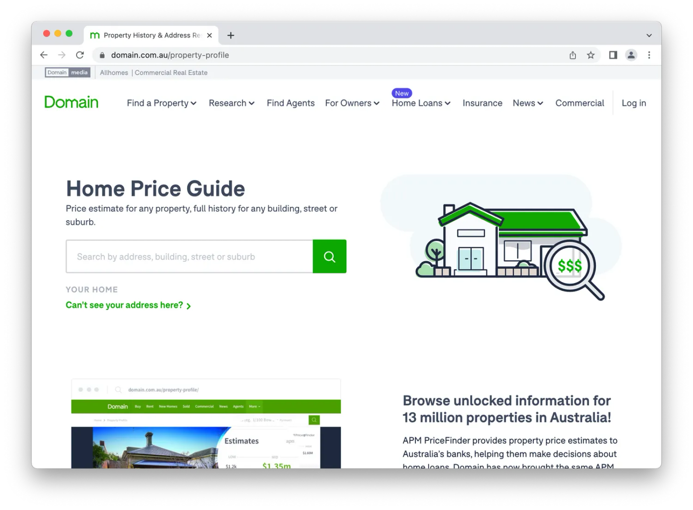 Domain pricing guide landing page, cartoon house on white background