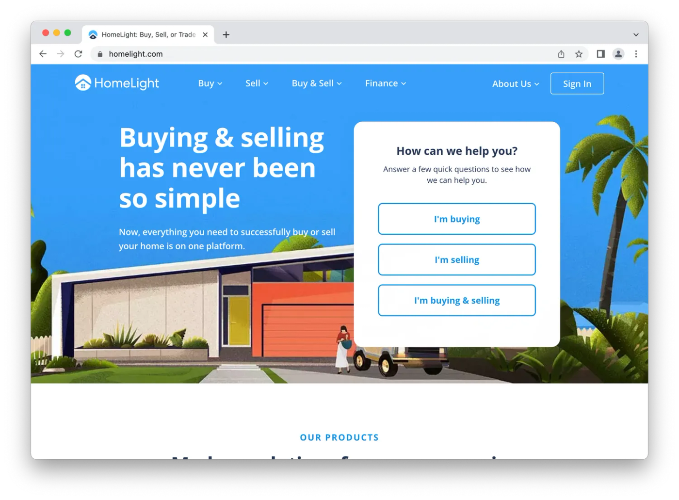 HomeLight landing page, cartoon home with palm trees