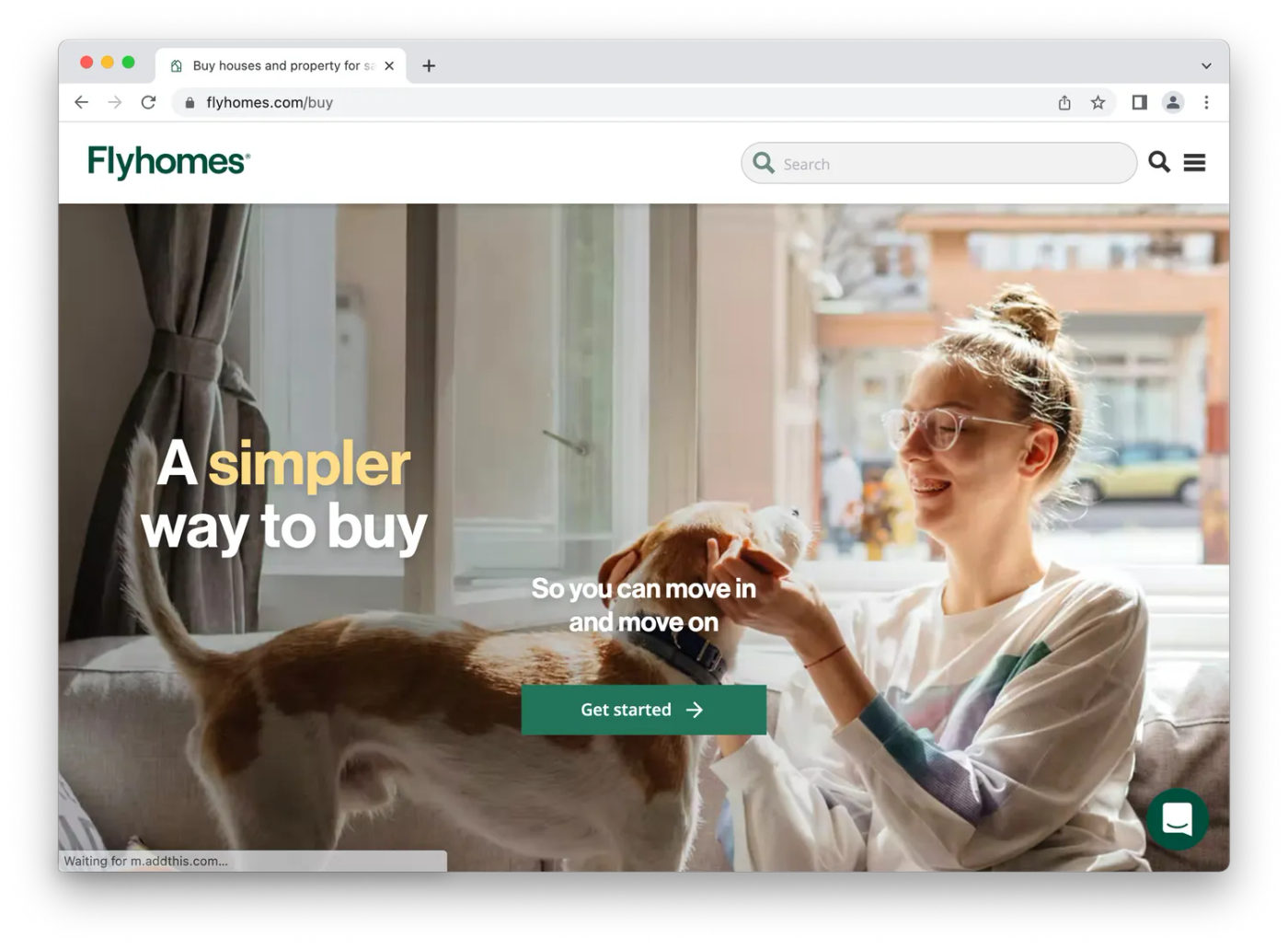 Flyhomes buying landing page, woman with dog