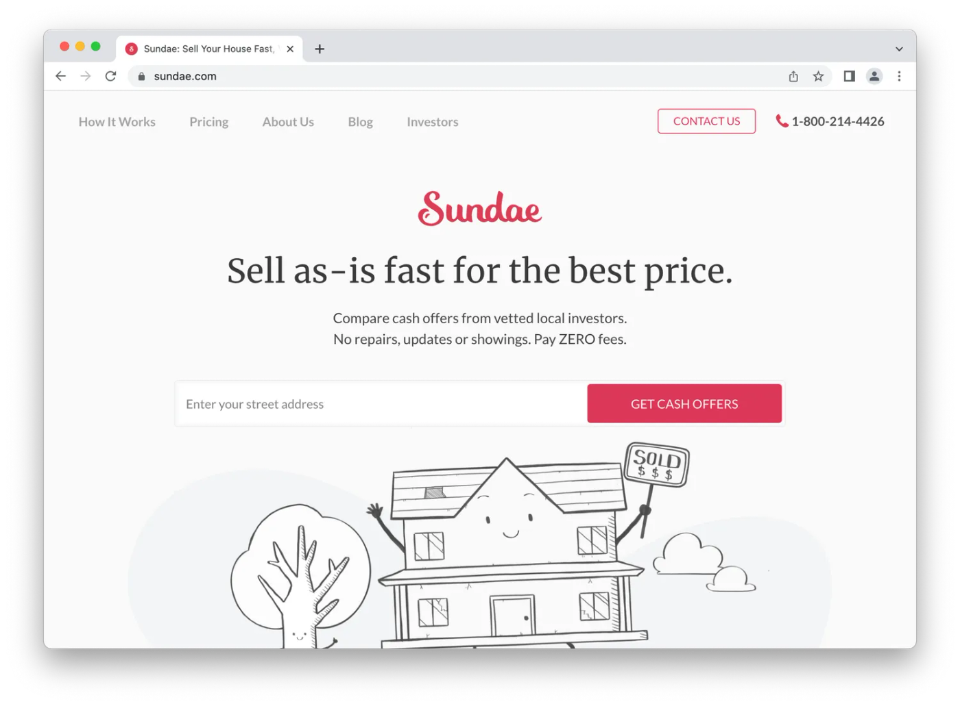screenshot of sundae landing page, cartoon house holding a sold sign