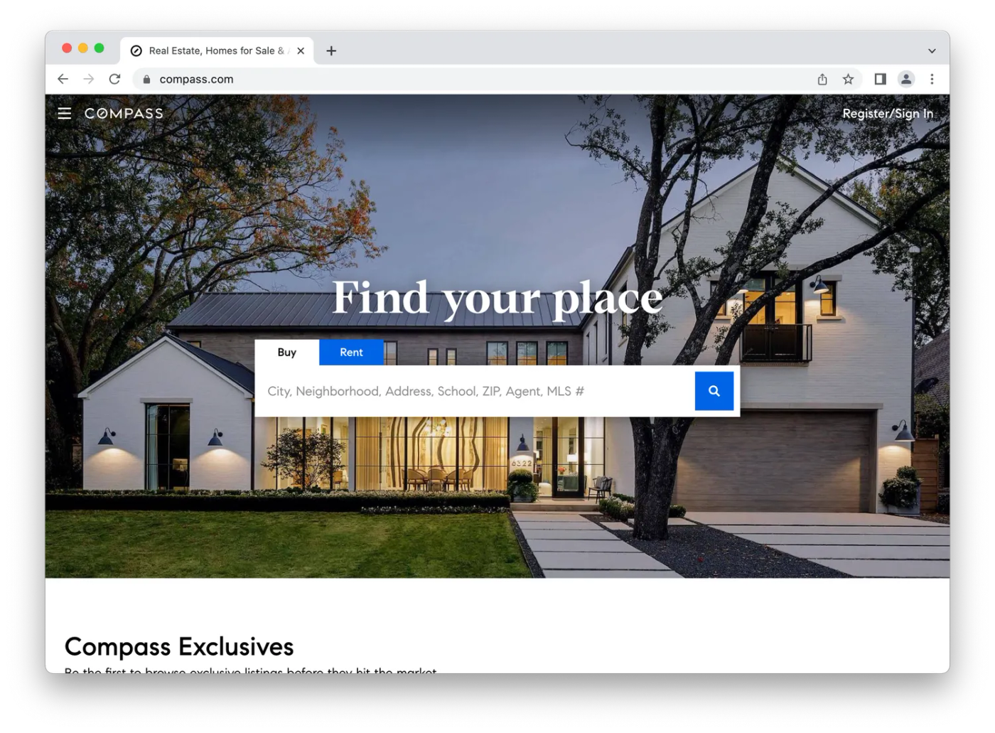 Compass landing page, upscale home at night