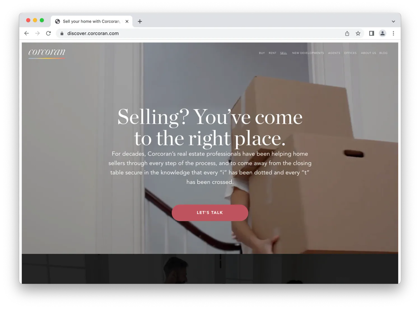 corcoran landing page, white text over image of people moving