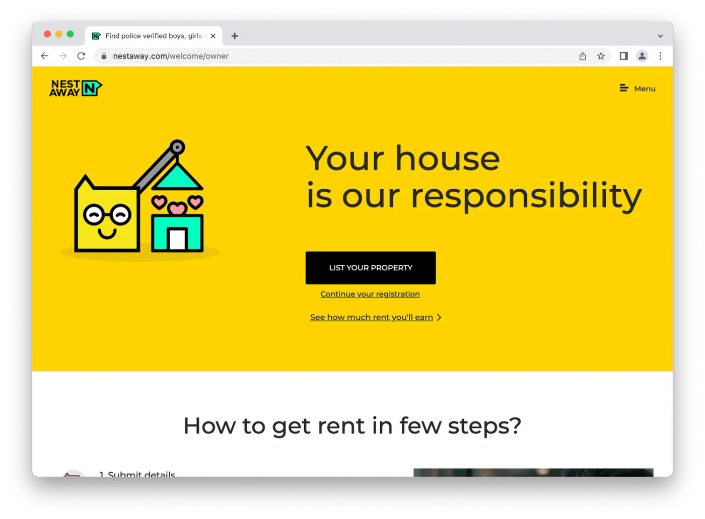 NestAway landing page, cartoon construction on yellow background