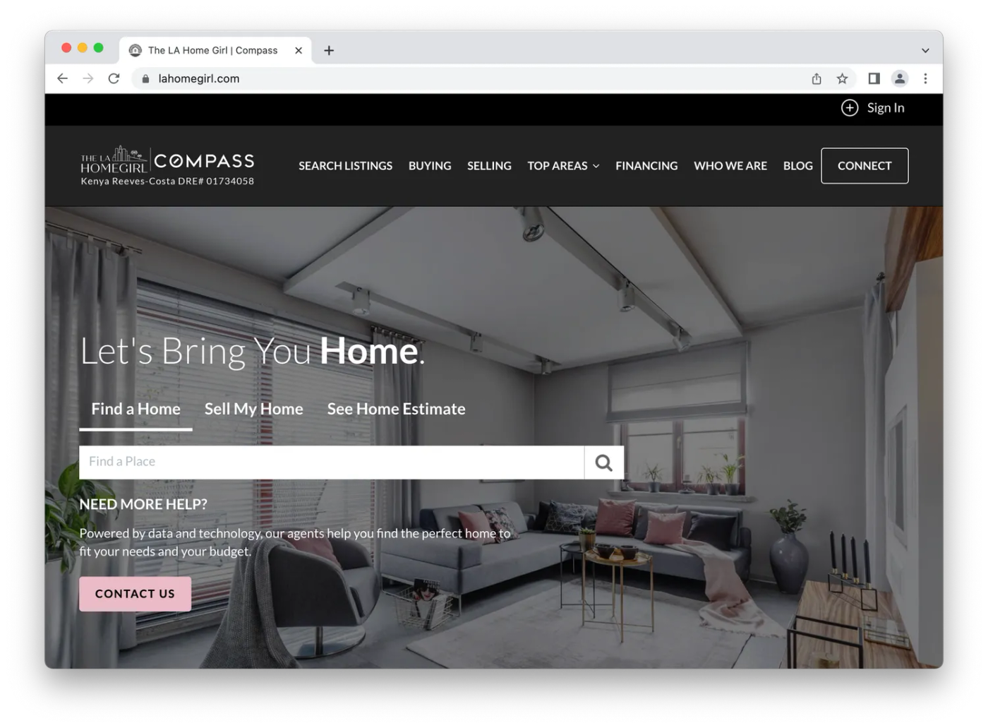 LA Homegirl landing page, picture of cozy living room