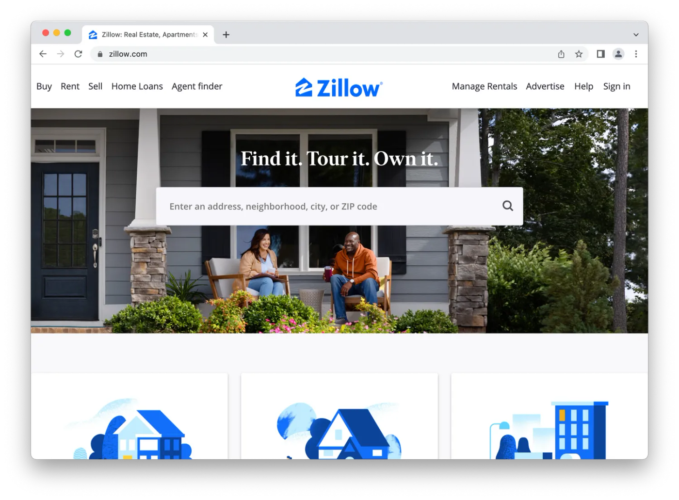 Zillow homepage, people sitting on porch