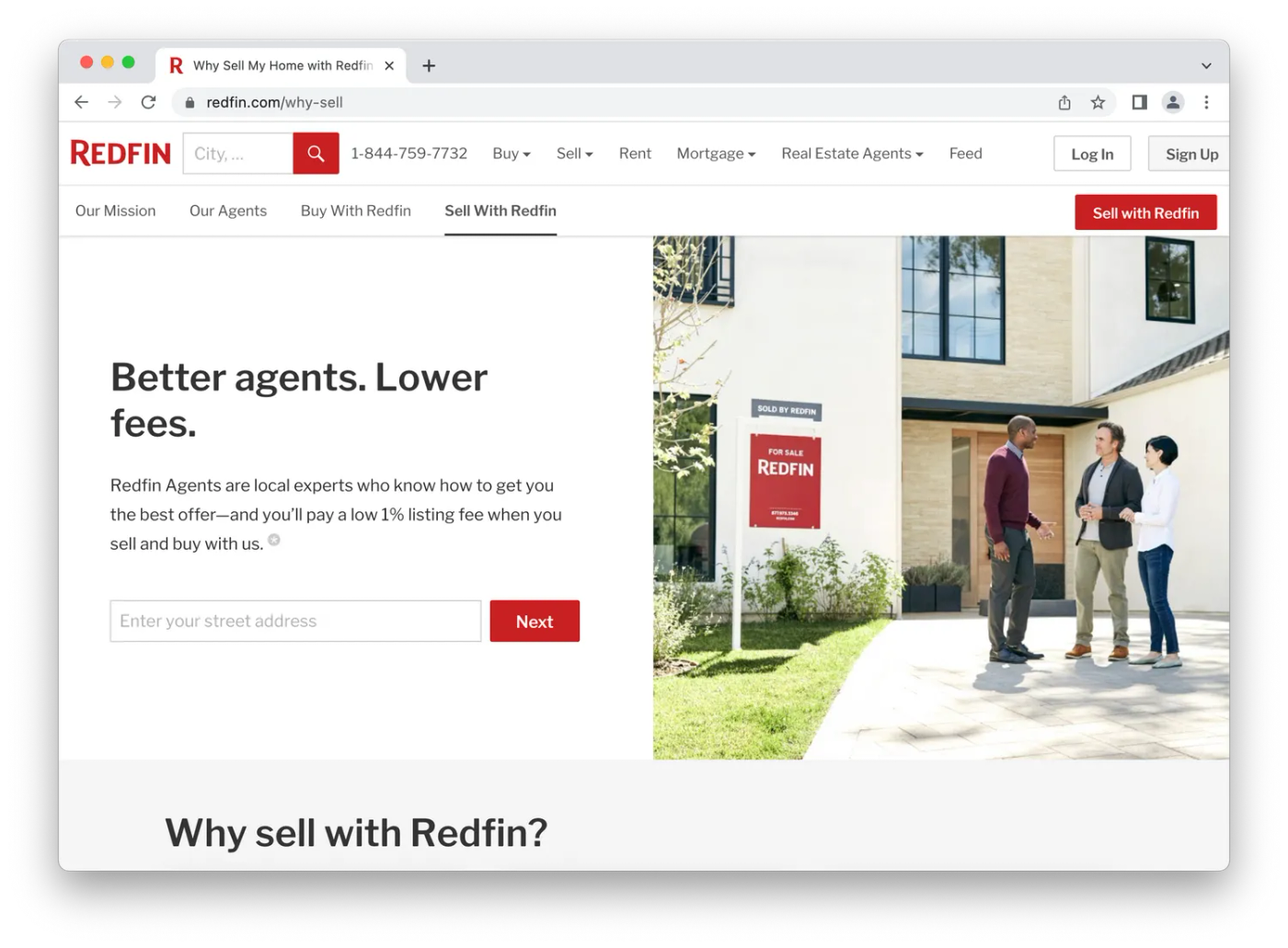 redfin sales landing page, realtor showing a couple a house